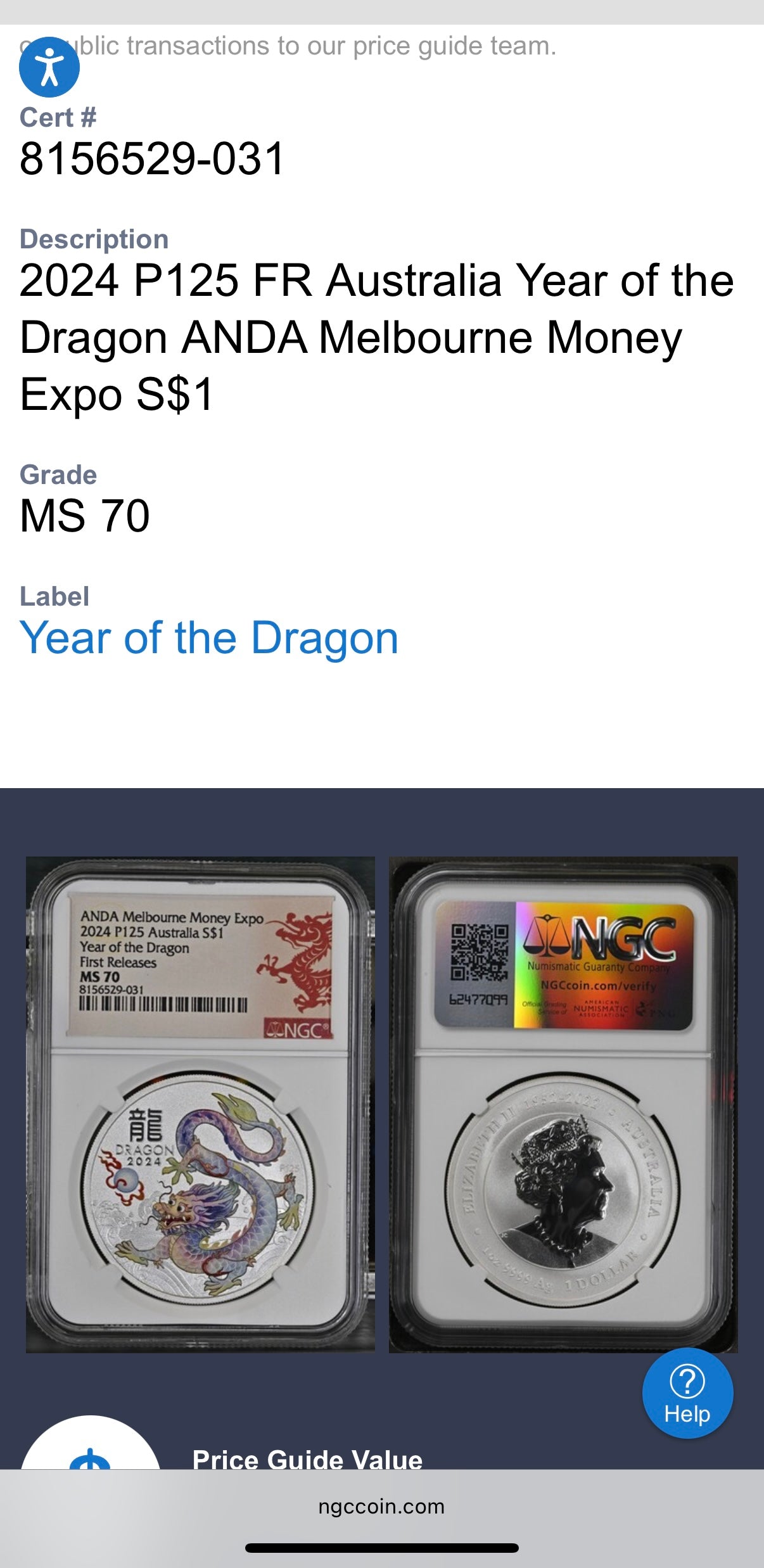 2024 P125 Silver $1 Australia Lunar Series III Year of the Dragon White Colorized NGC MS70 First Releases ANDA Melbourne Money Expo Red Lunar Label New Holder (Rare 1 of 114)
