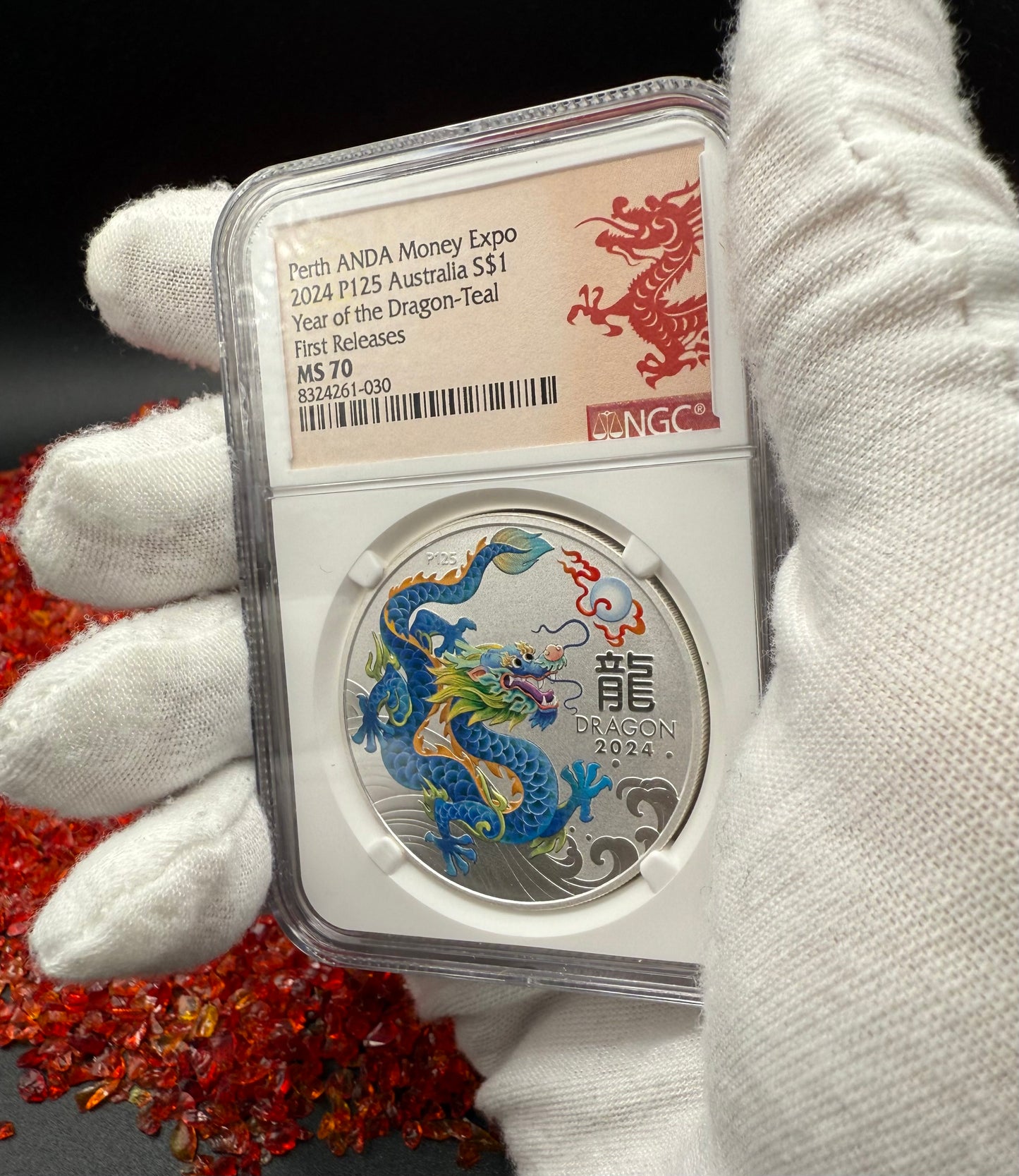 2024 P125 Silver $1 Australia Lunar Series III Year of the Dragon Teal Colorized NGC MS70 First Releases Perth ANDA Money Expo Red Lunar Label New Holder (Rare 1 of 173)