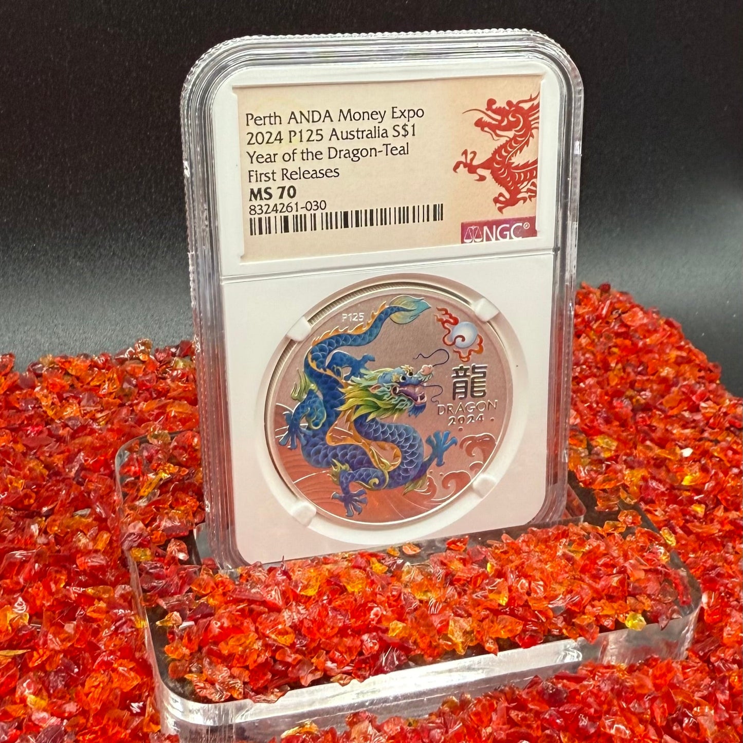 2024 P125 Silver $1 Australia Lunar Series III Year of the Dragon Teal Colorized NGC MS70 First Releases Perth ANDA Money Expo Red Lunar Label New Holder (Rare 1 of 173)