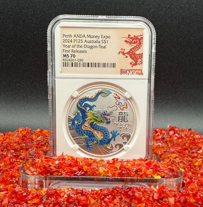 2024 P125 Silver $1 Australia Lunar Series III Year of the Dragon Teal Colorized NGC MS70 First Releases Perth ANDA Money Expo Red Lunar Label New Holder (Rare 1 of 173)