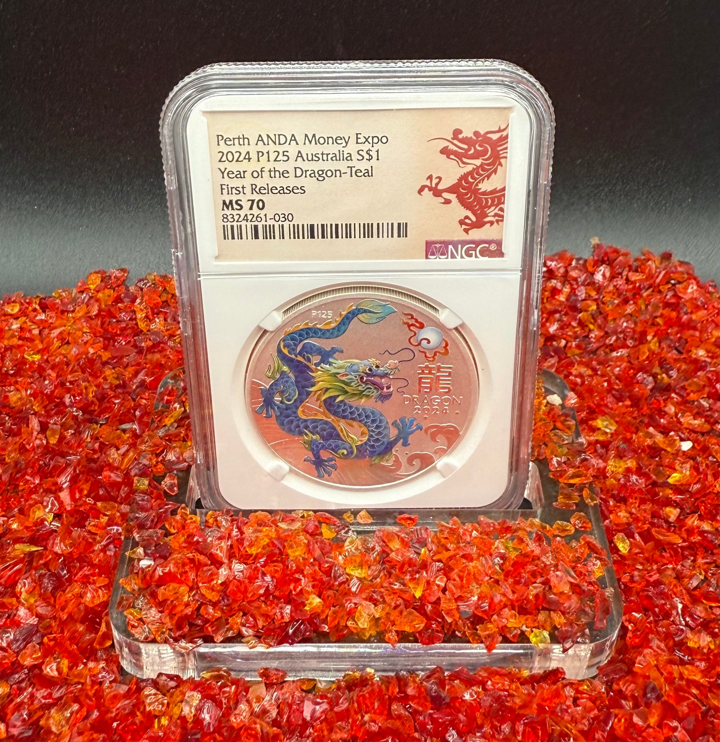 2024 P125 Silver $1 Australia Lunar Series III Year of the Dragon Teal Colorized NGC MS70 First Releases Perth ANDA Money Expo Red Lunar Label New Holder (Rare 1 of 173)