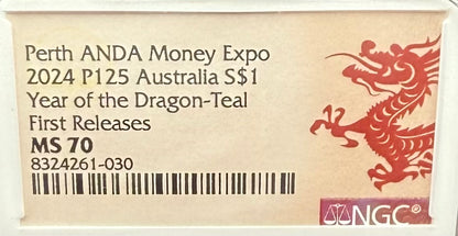 2024 P125 Silver $1 Australia Lunar Series III Year of the Dragon Teal Colorized NGC MS70 First Releases Perth ANDA Money Expo Red Lunar Label New Holder (Rare 1 of 173)