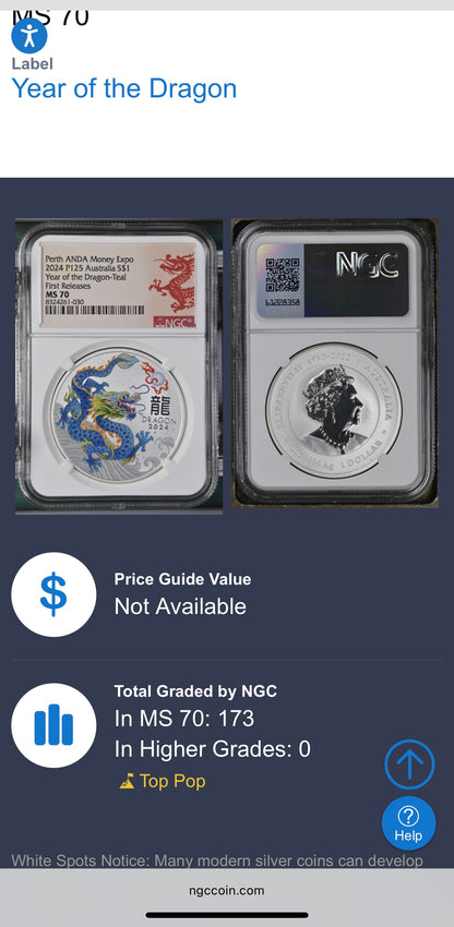 2024 P125 Silver $1 Australia Lunar Series III Year of the Dragon Teal Colorized NGC MS70 First Releases Perth ANDA Money Expo Red Lunar Label New Holder (Rare 1 of 173)