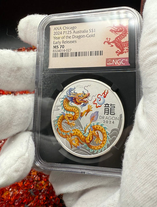 2024 P125 Silver $1 Australia Lunar Series III Year of the Dragon Gold Colorized NGC MS70 Early Releases ANA Chicago Red Lunar Label Black Core New Holder (Rare 1 of 138)