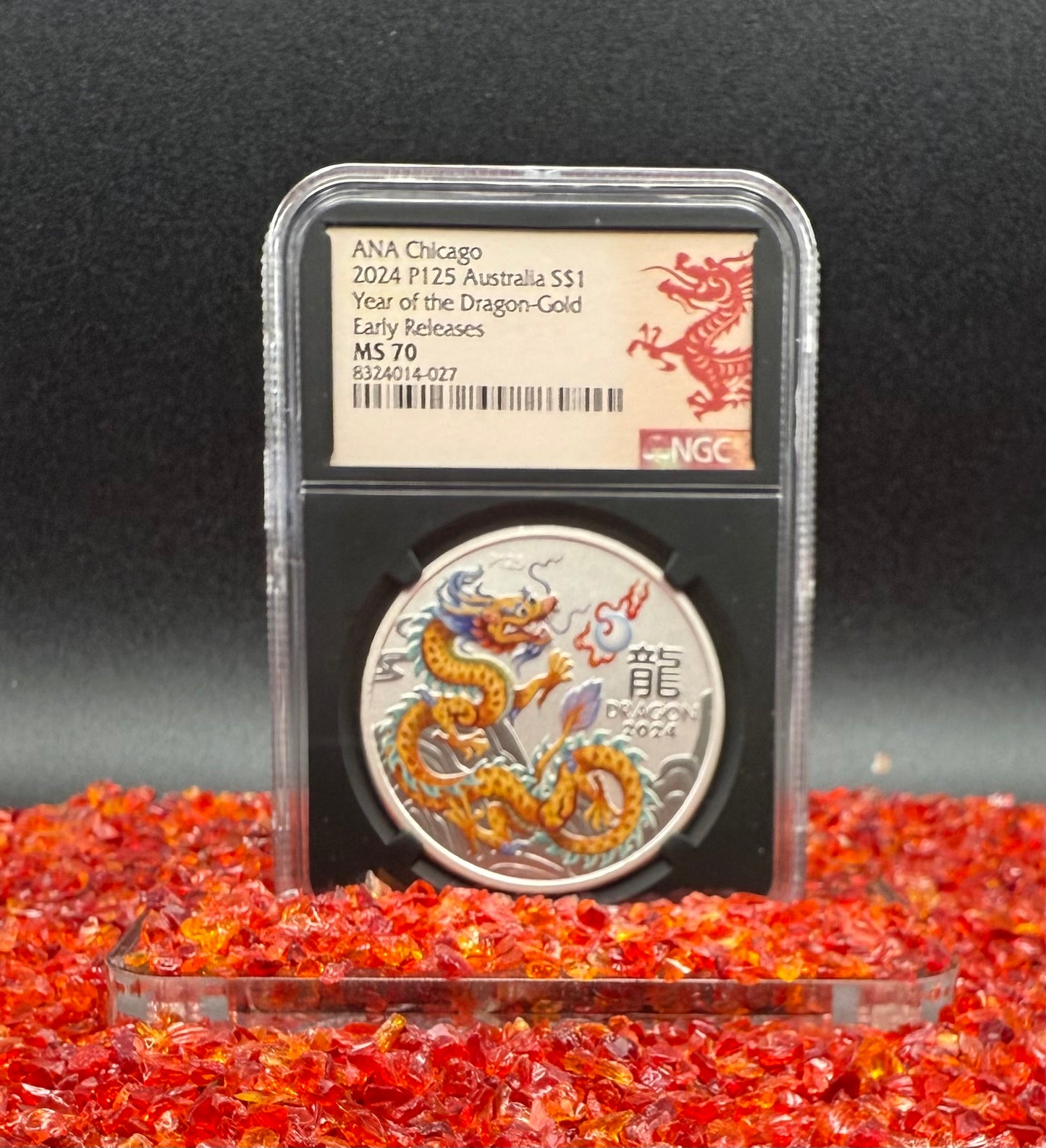 2024 P125 Silver $1 Australia Lunar Series III Year of the Dragon Gold Colorized NGC MS70 Early Releases ANA Chicago Red Lunar Label Black Core New Holder (Rare 1 of 138)