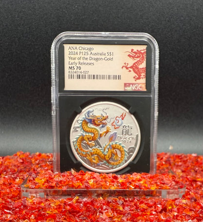 2024 P125 Silver $1 Australia Lunar Series III Year of the Dragon Gold Colorized NGC MS70 Early Releases ANA Chicago Red Lunar Label Black Core New Holder (Rare 1 of 138)