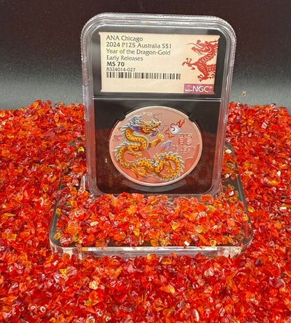 2024 P125 Silver $1 Australia Lunar Series III Year of the Dragon Gold Colorized NGC MS70 Early Releases ANA Chicago Red Lunar Label Black Core New Holder (Rare 1 of 138)
