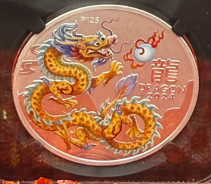 2024 P125 Silver $1 Australia Lunar Series III Year of the Dragon Gold Colorized NGC MS70 Early Releases ANA Chicago Red Lunar Label Black Core New Holder (Rare 1 of 138)