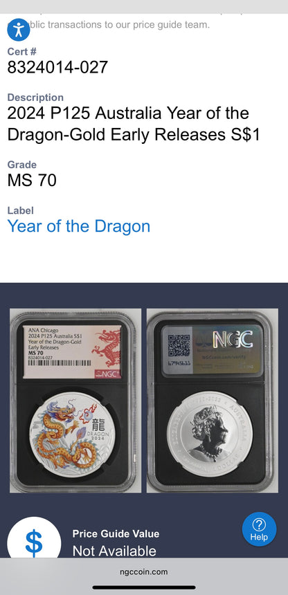 2024 P125 Silver $1 Australia Lunar Series III Year of the Dragon Gold Colorized NGC MS70 Early Releases ANA Chicago Red Lunar Label Black Core New Holder (Rare 1 of 138)