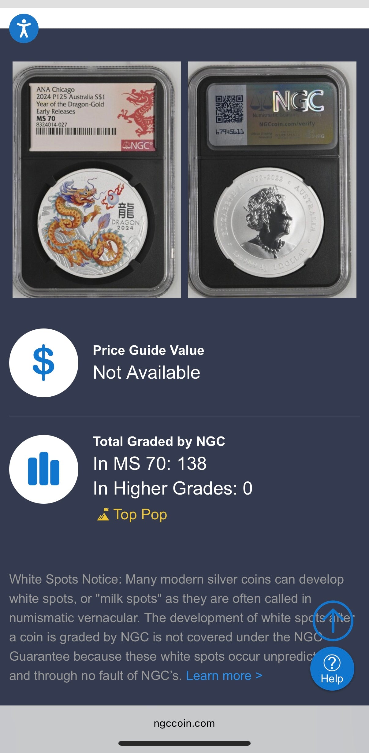 2024 P125 Silver $1 Australia Lunar Series III Year of the Dragon Gold Colorized NGC MS70 Early Releases ANA Chicago Red Lunar Label Black Core New Holder (Rare 1 of 138)