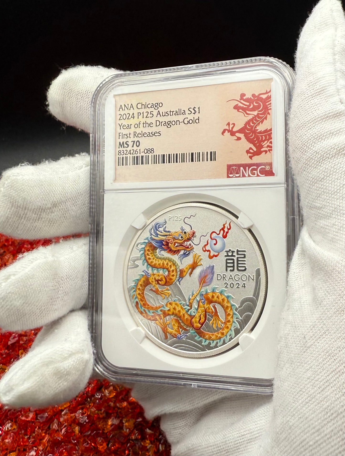 2024 P125 Silver $1 Australia Lunar Series III Year of the Dragon Gold Colorized NGC MS70 First Releases ANA Chicago Red Lunar Label New Holder (Rare 1 of 200)