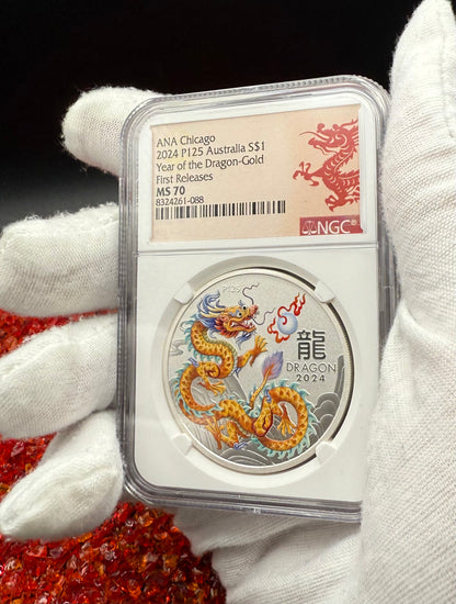 2024 P125 Silver $1 Australia Lunar Series III Year of the Dragon Gold Colorized NGC MS70 First Releases ANA Chicago Red Lunar Label New Holder (Rare 1 of 200)