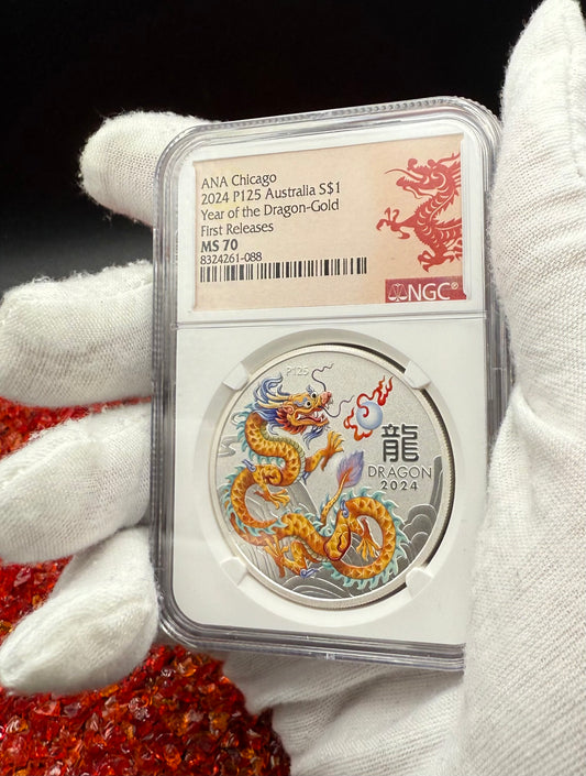 2024 P125 Silver $1 Australia Lunar Series III Year of the Dragon Gold Colorized NGC MS70 First Releases ANA Chicago Red Lunar Label New Holder (Rare 1 of 200)