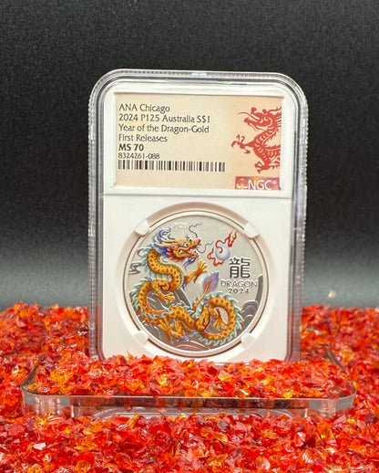 2024 P125 Silver $1 Australia Lunar Series III Year of the Dragon Gold Colorized NGC MS70 First Releases ANA Chicago Red Lunar Label New Holder (Rare 1 of 200)