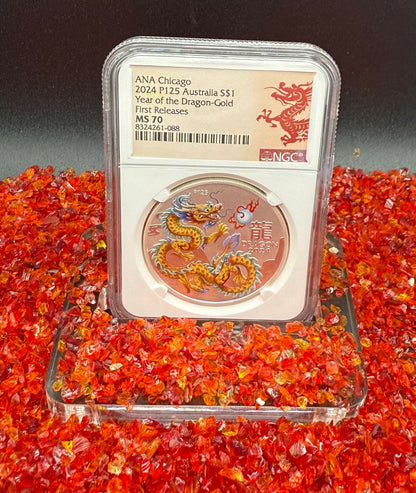 2024 P125 Silver $1 Australia Lunar Series III Year of the Dragon Gold Colorized NGC MS70 First Releases ANA Chicago Red Lunar Label New Holder (Rare 1 of 200)