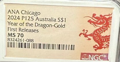 2024 P125 Silver $1 Australia Lunar Series III Year of the Dragon Gold Colorized NGC MS70 First Releases ANA Chicago Red Lunar Label New Holder (Rare 1 of 200)