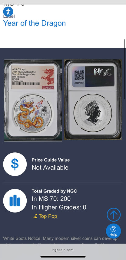 2024 P125 Silver $1 Australia Lunar Series III Year of the Dragon Gold Colorized NGC MS70 First Releases ANA Chicago Red Lunar Label New Holder (Rare 1 of 200)