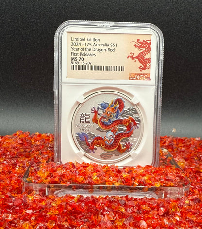 2024 P125 Silver $1 Australia Lunar Series III Year of the Dragon Red Colorized NGC MS70 First Releases Limited Edition Red Lunar Label New Holder (Rare 1 of 119)