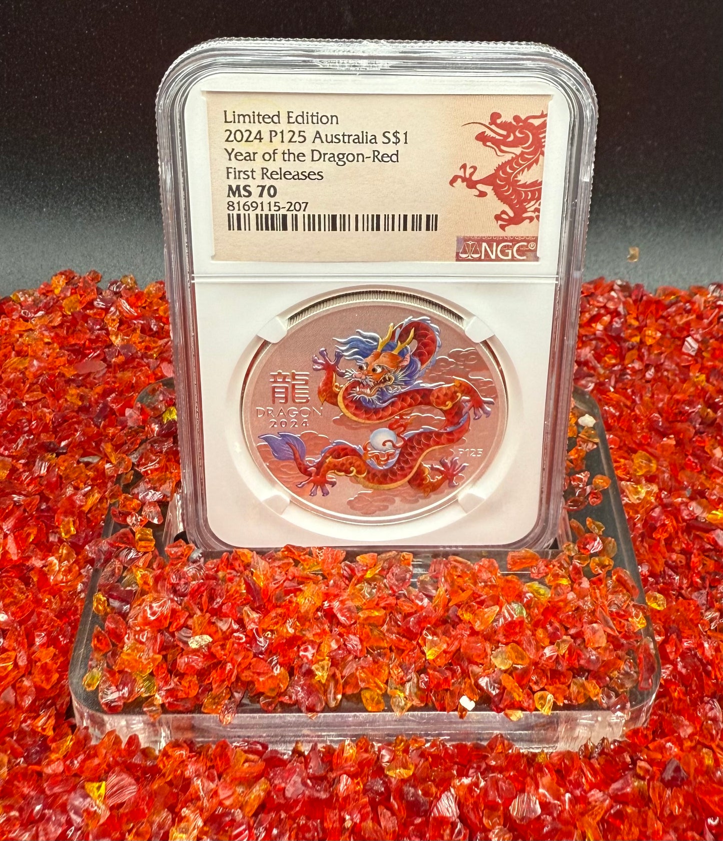 2024 P125 Silver $1 Australia Lunar Series III Year of the Dragon Red Colorized NGC MS70 First Releases Limited Edition Red Lunar Label New Holder (Rare 1 of 119)