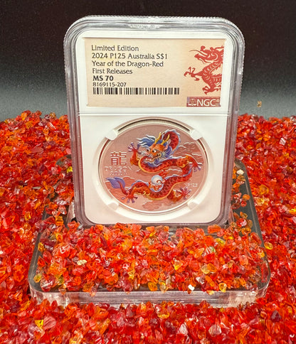2024 P125 Silver $1 Australia Lunar Series III Year of the Dragon Red Colorized NGC MS70 First Releases Limited Edition Red Lunar Label New Holder (Rare 1 of 119)