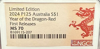 2024 P125 Silver $1 Australia Lunar Series III Year of the Dragon Red Colorized NGC MS70 First Releases Limited Edition Red Lunar Label New Holder (Rare 1 of 119)