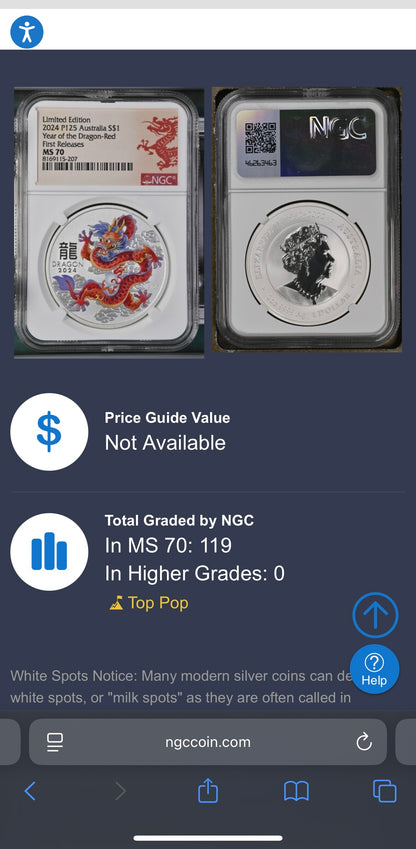 2024 P125 Silver $1 Australia Lunar Series III Year of the Dragon Red Colorized NGC MS70 First Releases Limited Edition Red Lunar Label New Holder (Rare 1 of 119)