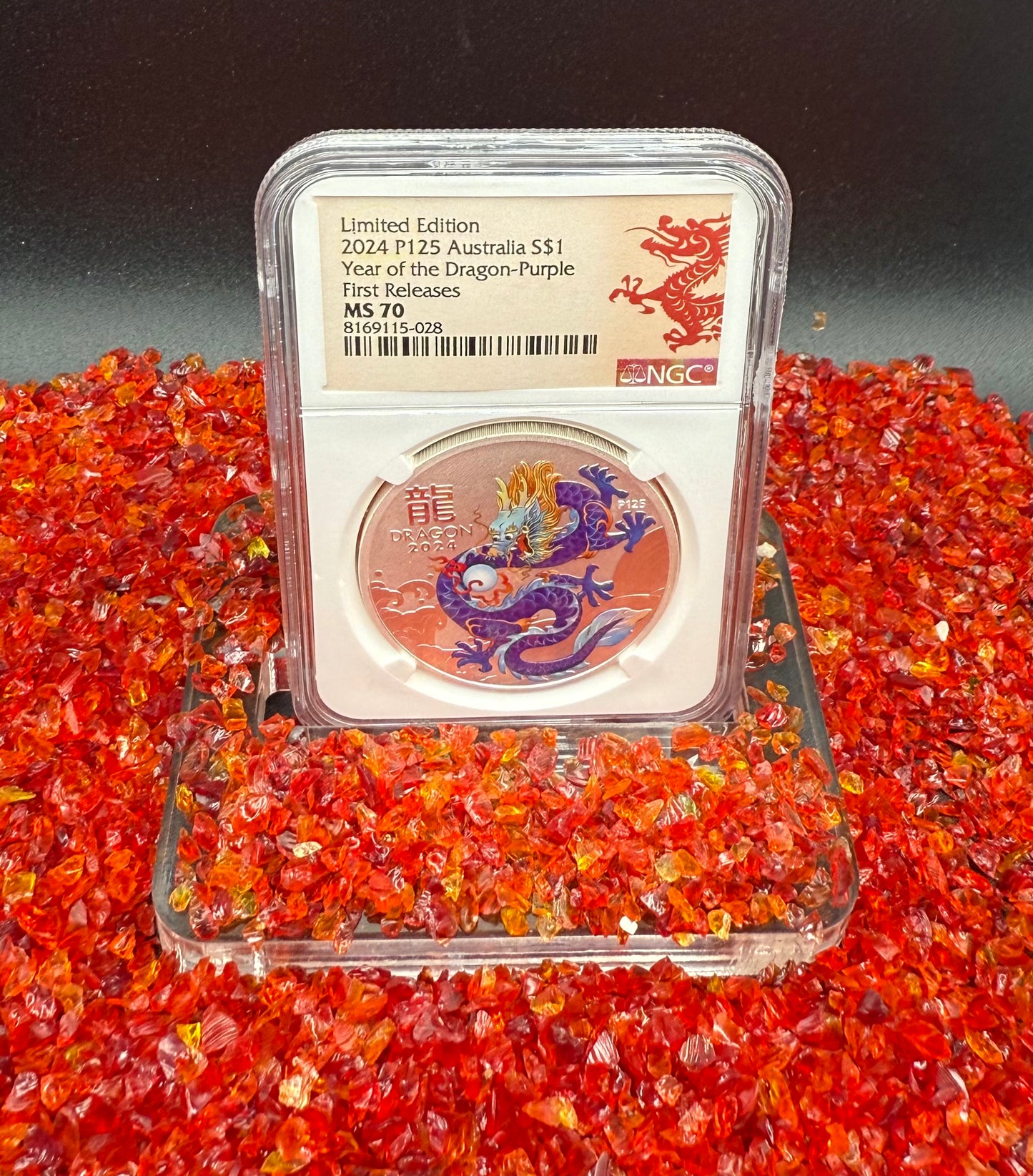 2024 P125 Silver $1 Australia Lunar Series III Year of the Dragon Purple Colorized NGC MS70 First Releases Limited Edition Red Lunar Label New Holder (Rare 1 of 168)