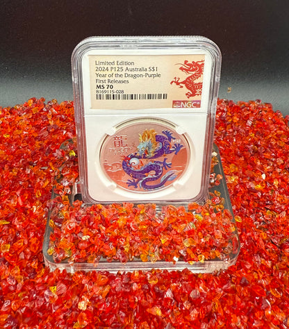 2024 P125 Silver $1 Australia Lunar Series III Year of the Dragon Purple Colorized NGC MS70 First Releases Limited Edition Red Lunar Label New Holder (Rare 1 of 168)