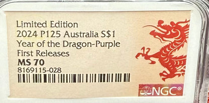 2024 P125 Silver $1 Australia Lunar Series III Year of the Dragon Purple Colorized NGC MS70 First Releases Limited Edition Red Lunar Label New Holder (Rare 1 of 168)