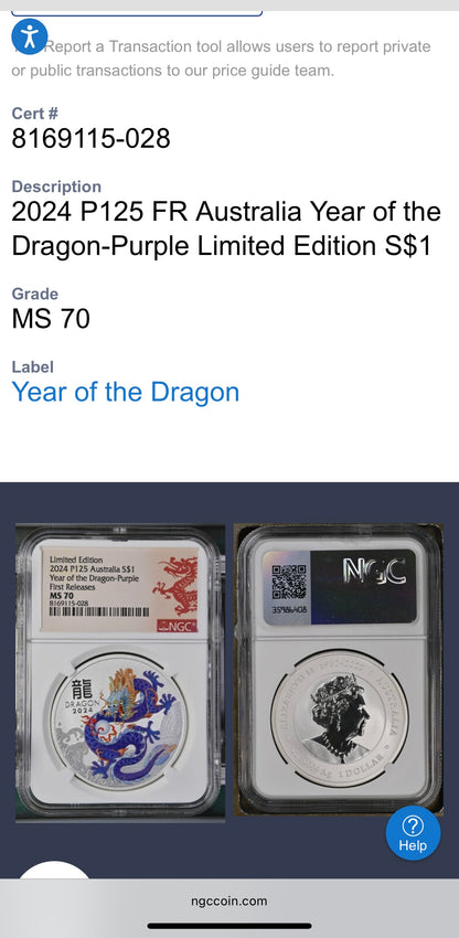 2024 P125 Silver $1 Australia Lunar Series III Year of the Dragon Purple Colorized NGC MS70 First Releases Limited Edition Red Lunar Label New Holder (Rare 1 of 168)
