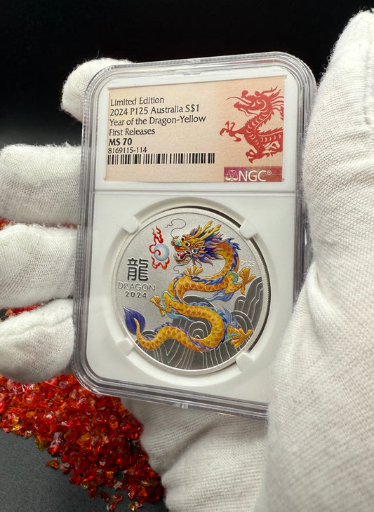 2024 P125 Silver $1 Australia Lunar Series III Year of the Dragon Yellow Colorized NGC MS70 First Releases Limited Edition Red Lunar Label New Holder (Rare 1 of 193)