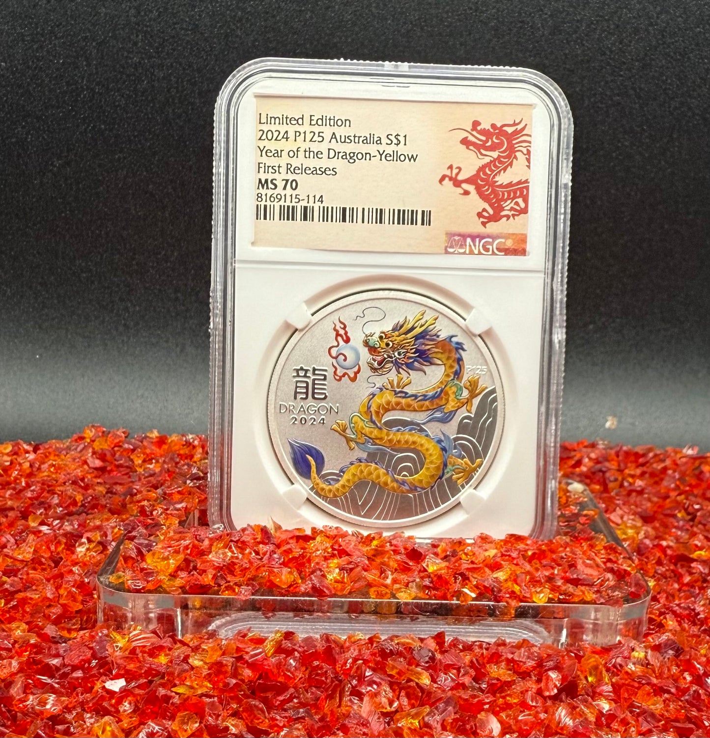 2024 P125 Silver $1 Australia Lunar Series III Year of the Dragon Yellow Colorized NGC MS70 First Releases Limited Edition Red Lunar Label New Holder (Rare 1 of 193)