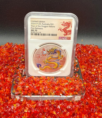 2024 P125 Silver $1 Australia Lunar Series III Year of the Dragon Yellow Colorized NGC MS70 First Releases Limited Edition Red Lunar Label New Holder (Rare 1 of 193)