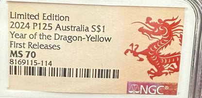 2024 P125 Silver $1 Australia Lunar Series III Year of the Dragon Yellow Colorized NGC MS70 First Releases Limited Edition Red Lunar Label New Holder (Rare 1 of 193)