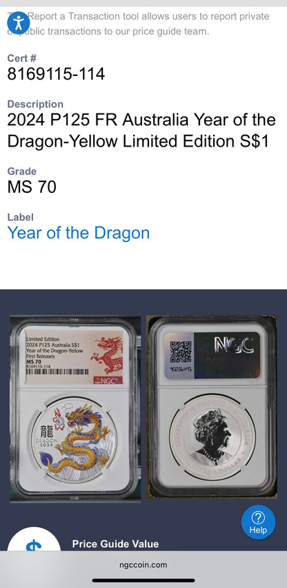 2024 P125 Silver $1 Australia Lunar Series III Year of the Dragon Yellow Colorized NGC MS70 First Releases Limited Edition Red Lunar Label New Holder (Rare 1 of 193)