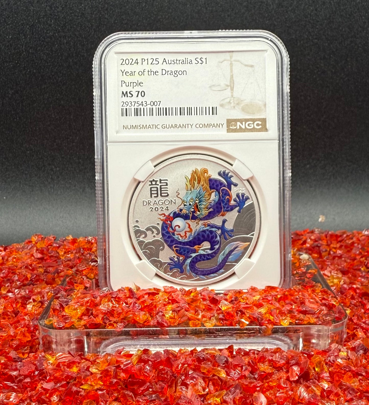 2024 P125 Silver $1 Australia Lunar Series III Year of the Dragon Purple Colorized NGC MS70 Brown Label New Holder (Rare 1 of 34)