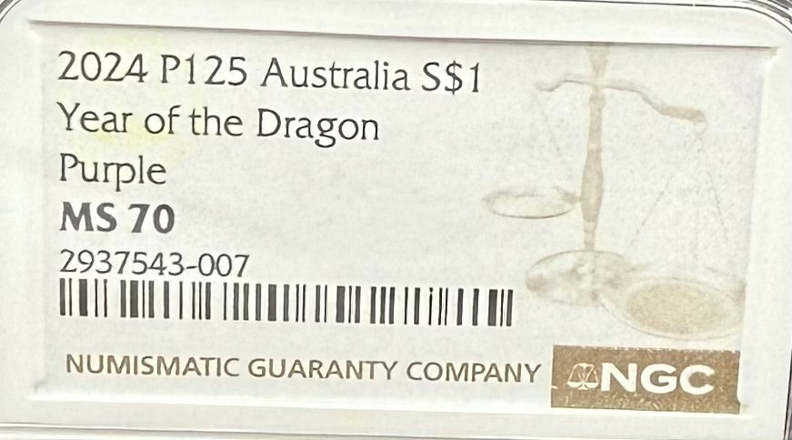 2024 P125 Silver $1 Australia Lunar Series III Year of the Dragon Purple Colorized NGC MS70 Brown Label New Holder (Rare 1 of 34)