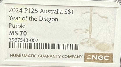 2024 P125 Silver $1 Australia Lunar Series III Year of the Dragon Purple Colorized NGC MS70 Brown Label New Holder (Rare 1 of 34)