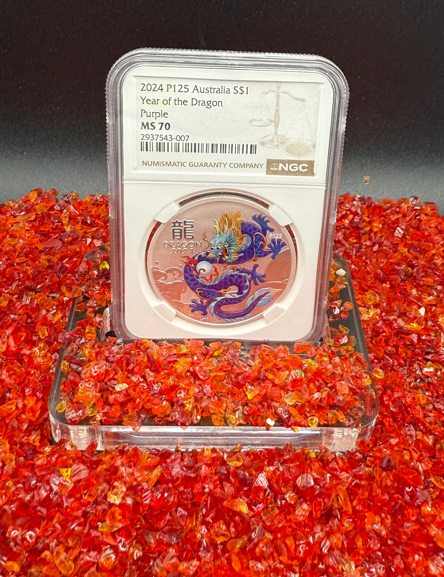 2024 P125 Silver $1 Australia Lunar Series III Year of the Dragon Purple Colorized NGC MS70 Brown Label New Holder (Rare 1 of 34)