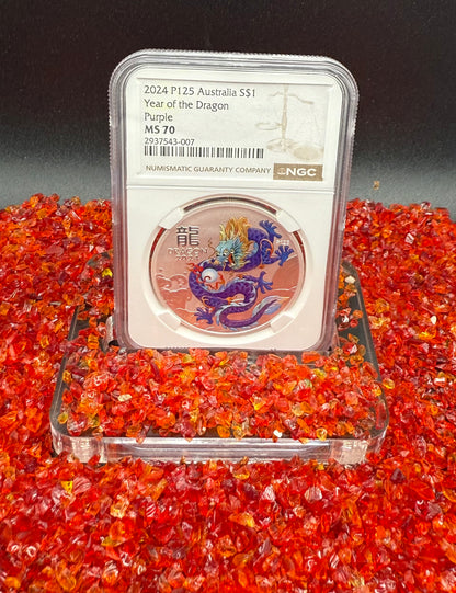 2024 P125 Silver $1 Australia Lunar Series III Year of the Dragon Purple Colorized NGC MS70 Brown Label New Holder (Rare 1 of 34)