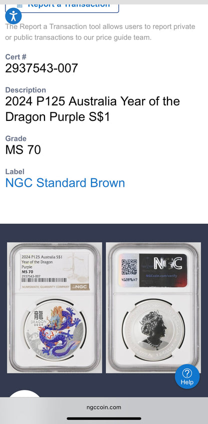 2024 P125 Silver $1 Australia Lunar Series III Year of the Dragon Purple Colorized NGC MS70 Brown Label New Holder (Rare 1 of 34)