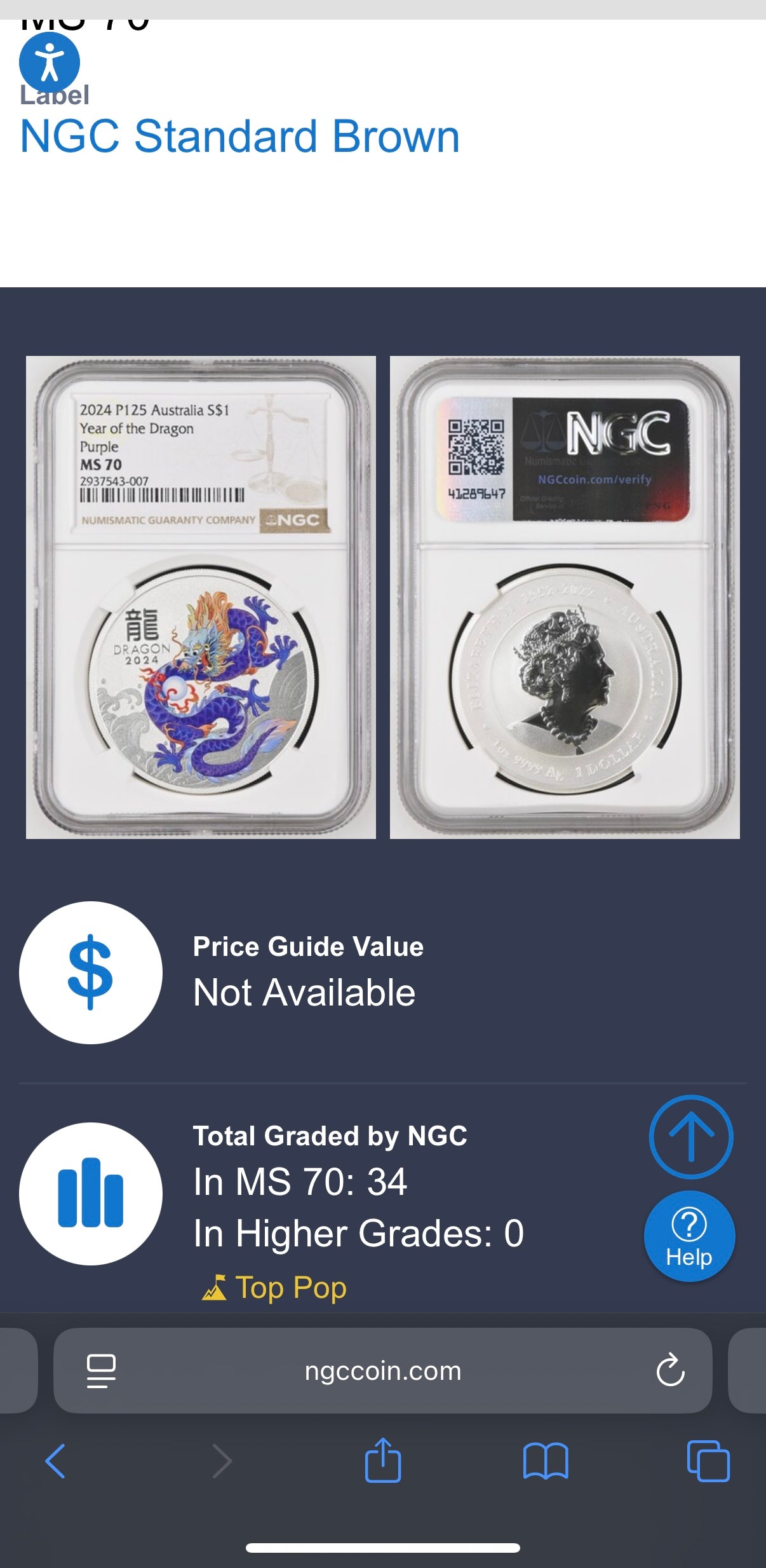 2024 P125 Silver $1 Australia Lunar Series III Year of the Dragon Purple Colorized NGC MS70 Brown Label New Holder (Rare 1 of 34)