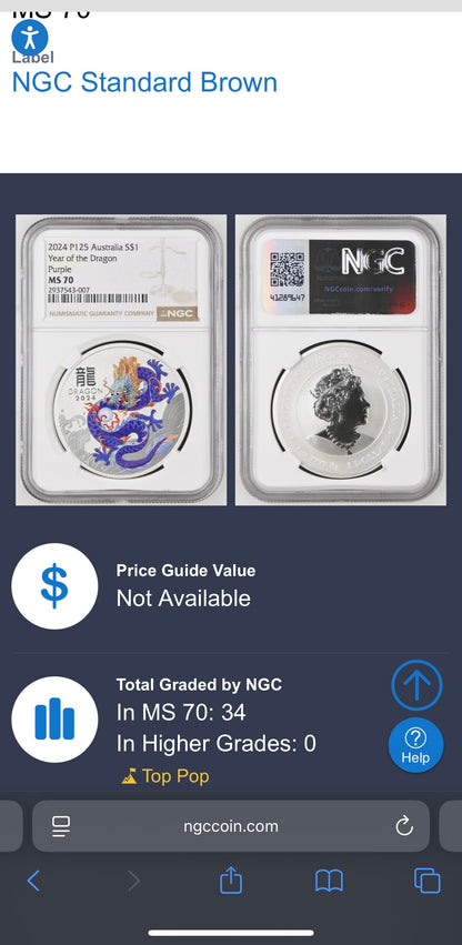 2024 P125 Silver $1 Australia Lunar Series III Year of the Dragon Purple Colorized NGC MS70 Brown Label New Holder (Rare 1 of 34)