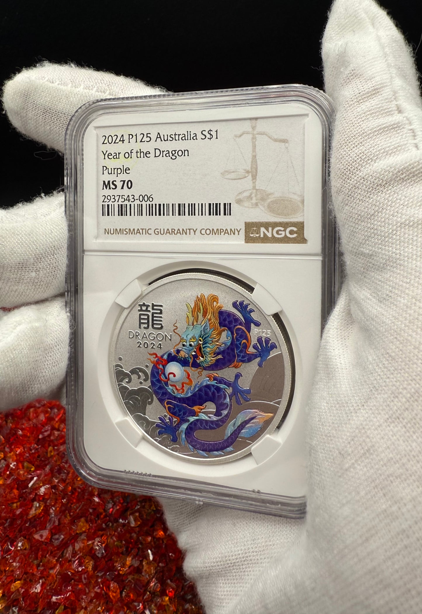 2024 P125 Silver $1 Australia Lunar Series III Year of the Dragon Purple Colorized NGC MS70 Brown Label New Holder (Rare 1 of 34)