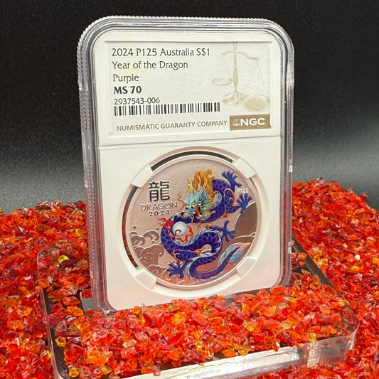 2024 P125 Silver $1 Australia Lunar Series III Year of the Dragon Purple Colorized NGC MS70 Brown Label New Holder (Rare 1 of 34)