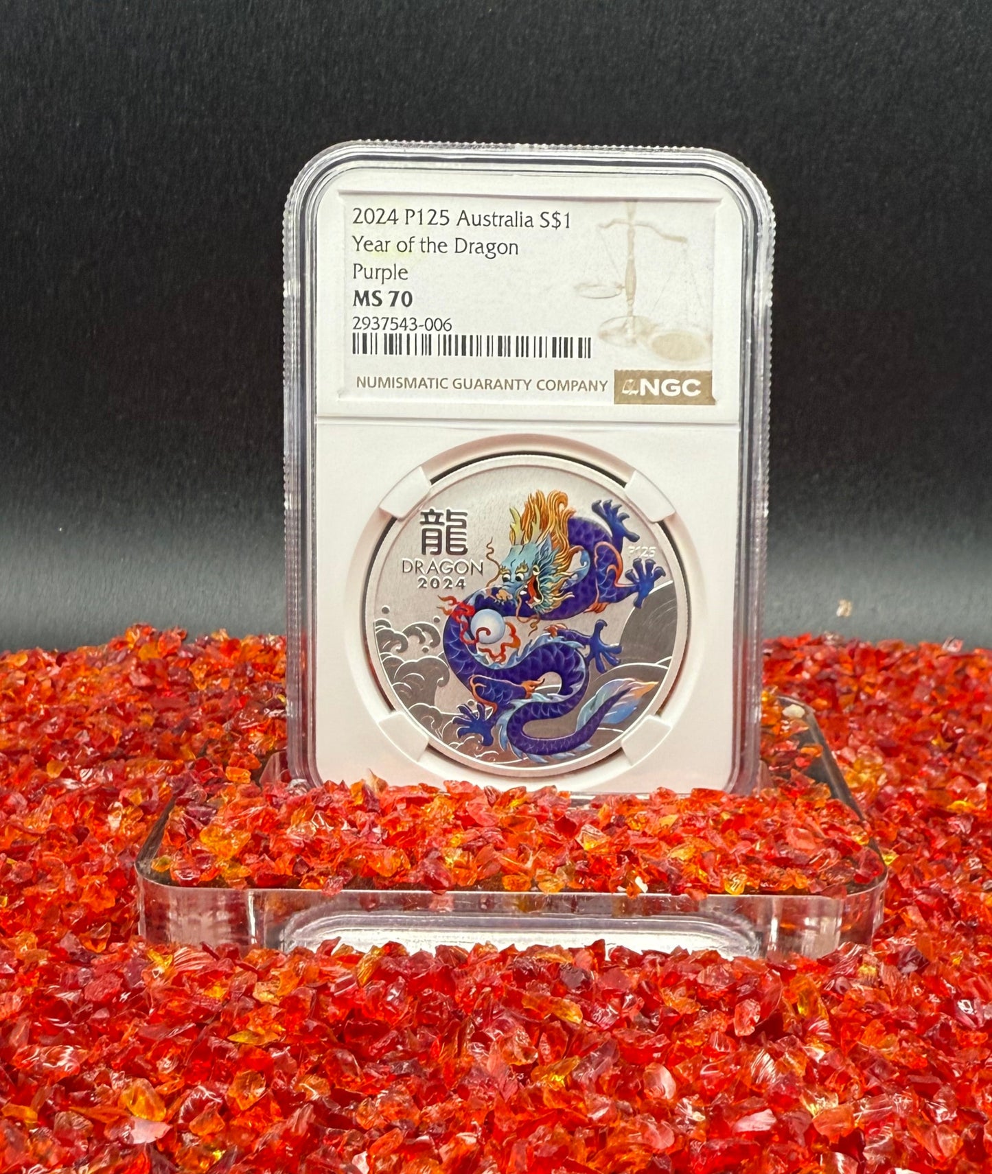 2024 P125 Silver $1 Australia Lunar Series III Year of the Dragon Purple Colorized NGC MS70 Brown Label New Holder (Rare 1 of 34)