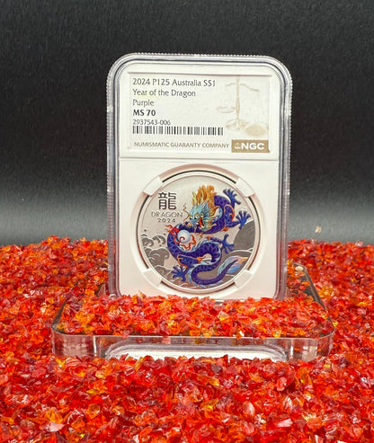 2024 P125 Silver $1 Australia Lunar Series III Year of the Dragon Purple Colorized NGC MS70 Brown Label New Holder (Rare 1 of 34)