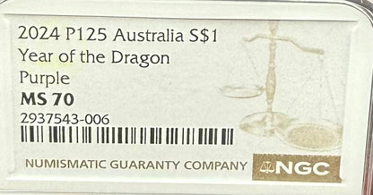 2024 P125 Silver $1 Australia Lunar Series III Year of the Dragon Purple Colorized NGC MS70 Brown Label New Holder (Rare 1 of 34)