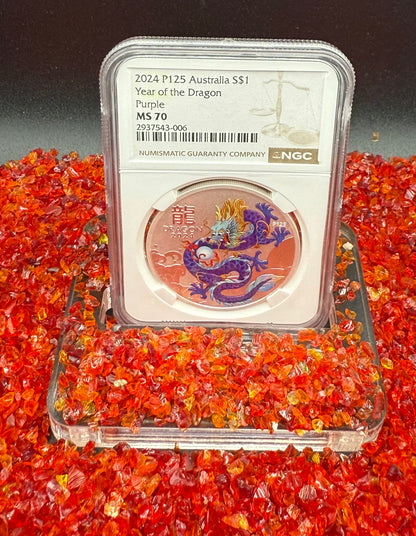 2024 P125 Silver $1 Australia Lunar Series III Year of the Dragon Purple Colorized NGC MS70 Brown Label New Holder (Rare 1 of 34)
