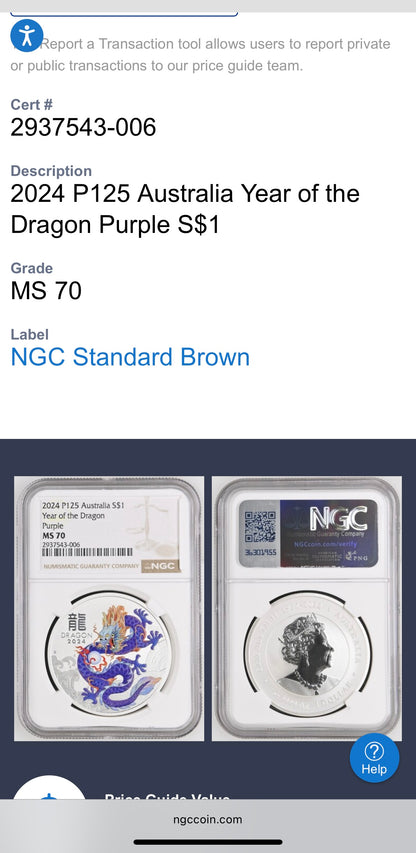 2024 P125 Silver $1 Australia Lunar Series III Year of the Dragon Purple Colorized NGC MS70 Brown Label New Holder (Rare 1 of 34)